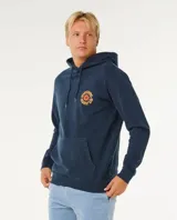 Canguro Rip Curl de color azul marino, con capucha ajustable mediante cordón, bolsillo tipo canguro en la parte frontal y estampado circular con logo en el pecho.