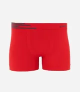 Calzoncillo bóxer rojo de microfibra, con cintura elástica negra y detalles de rayas horizontales y el logo "Lupo" en la cintura.