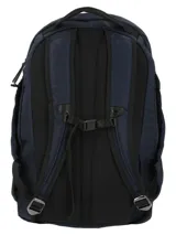 Mochila de diseño funcional en color azul marino, confeccionada en tejido ripstop impermeable. Cuenta con múltiples compartimentos con cierres resistentes al agua, incluyendo un espacio acolchado para laptop, bolsillos laterales y organizadores internos. Presenta espalda ergonómica acolchada, correas ajustables, correa de pecho y detalle de parche de cuero sintético con logo de la marca en el frente.
