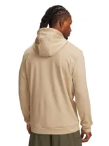 Buzo con capucha Under Armour, confeccionado en tejido Armour Fleece ligero y elástico. Presenta un diseño de color beige con el logotipo de la marca en relieve en el centro del pecho, bolsillo frontal tipo canguro y cordones ajustables en la capucha.