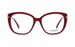 Armazón de acetato color borgoña, con forma de ojo de gato y apliques dorados en las esquinas.