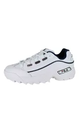 Championes deportivos Fila Hometown para mujer, color blanco con detalles en azul marino y el logo de la marca en el lateral y los pasadores. Suela chunky dentada.