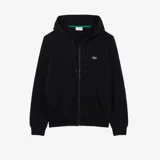 Campera con capucha Lacoste, color negro, con cierre frontal completo, bolsillos tipo canguro y logo de la marca bordado en el pecho.
