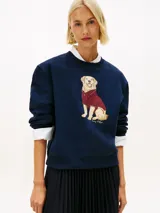 Buzo de cuello redondo en color azul marino, confeccionado en mezcla de algodón y poliéster. Presenta un diseño gráfico bordado en el pecho que muestra un perro golden retriever vistiendo una chomba, con la firma de la marca debajo.