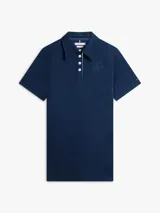 Vestido tipo chomba azul marino de manga corta, con cuello camisero, cartera de tres botones y logo script bordado en el pecho.