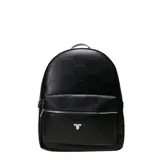 Mochila Tiffosi Deluxe color negro, con diseño de textura hexagonal grabada en toda la superficie. Cuenta con un compartimento principal con cierre, un bolsillo frontal con cierre metálico y logo de la marca en la parte inferior.