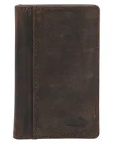 Billetera tipo tarjetero bifold de cuero marrón con costuras visibles y relieve de pato en la esquina inferior.