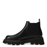 Botas Chelsea de mujer color negro, caña corta, confeccionadas en material sintético liso. Presentan elástico lateral acanalado y una suela track gruesa y dentada.