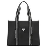 Cartera tipo tote Guess modelo Jackie, de color negro con textura saffiano y asas de cinta estampada con texto "Guess Los Angeles". Cuenta con un bolsillo frontal exterior y aplique metálico triangular con el logo de la marca.