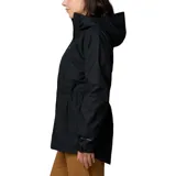 Campera impermeable larga Columbia modelo Hikebound II, de color negro, con capucha ajustable, cierre frontal con solapa, cintura ajustable con cordón y bolsillos laterales con cierre.