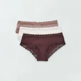 Pack de tres culottes de algodón acanalado con terminaciones de encaje.