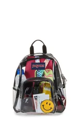 Mochila mini transparente de la marca JanSport con ribetes y correas en color lila pastel. Cuenta con un compartimento principal y un bolsillo frontal con cierre.