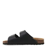 Sandalias tipo Birkenstock marca Freeway, color negro, con doble tira ajustable mediante hebillas metálicas y plantilla anatómica de corcho.