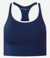 Top deportivo sin copa, color azul marino, con escote en U y espalda tipo nadador. Presenta ribetes contrastantes blancos en el escote y los bordes de las sisas.