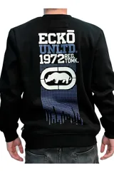 Buzo Ecko de cuello redondo, color beige, con gran estampado frontal de la marca y el isologotipo de rinoceronte en tono oscuro.