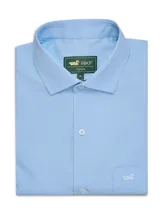 Camisa de manga larga RKF modelo Easysolid color celeste, confeccionada en popelina de algodón, con cuello camisero, cierre frontal de botones y un bolsillo en el pecho con el logo bordado.