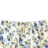 Short de baño con estampado botánico de hojas en tonos azules y verdes sobre fondo blanco. Cuenta con cintura elástica con cordón ajustable, tres bolsillos y malla interior hipoalergénica.
