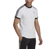 Remera blanca de algodón con cuello redondo y mangas cortas con ribete negro. Presenta las tres rayas características de Adidas en color negro en los hombros y el logo de la marca bordado en el pecho.