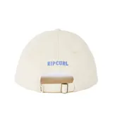 Gorro de visera curva Rip Curl de seis paneles, color beige, con un pequeño bordado azul de un tucán en el panel frontal.
