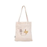 Bolso tipo tote bag de lona color crema con asas de hombro. Presenta un estampado con un astronauta y un pollo y la frase "Best Two Out of Three".
