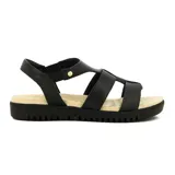 Sandalias Comfortflex para mujer, confeccionadas en cuero color negro con diseño de tiras cruzadas y pulsera con ajuste elástico en el talón. Poseen suela baja y plantilla anatómica en tono beige.