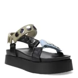 Sandalias de plataforma color verde oliva con tiras de cuero sintético en colores negro, celeste y beige, adornadas con apliques metálicos circulares.