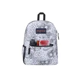 Mochila Jansport Cross Town con estampado de arcoíris, flores, soles y nubes en blanco y negro.