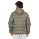 Campera parka verde militar con capucha y cierre frontal con cremallera. Diseño acolchado horizontal y logo de la marca en el pecho.