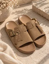 Sandalias de gamuza color tostado, de diseño abierto con tira ancha en el empeine decorada con una hebilla metálica y flecos colgantes.