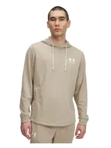 Buzo canguro con capucha Under Armour Rival Terry LC HD color beige, confeccionado en tejido French Terry ligero con capa exterior suave y interior cálido. Cuenta con cordones de ajuste claros, bolsillos laterales abiertos, bajo con forma y el logo de la marca estampado en el pecho.