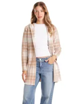 Cardigan de tejido de punto con estampado a cuadros, diseño con capucha, bolsillos frontales y lazo de ajuste en la cintura.