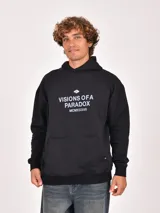 Buzo canguro negro con capucha, manga larga y bolsillo canguro frontal. Presenta un estampado blanco en el pecho con un logo circular y el texto "VISIONS OF A PARADOX MCMXXXVII".