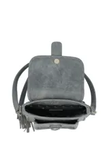 Cartera bandolera de diseño estructurado en color gris, combinando texturas de cuero sintético liso y gamuza en la solapa frontal. Cuenta con cierre de solapa, detalles de tachas metálicas, correa ajustable y un adorno de flecos laterales.