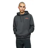 Buzo con capucha y bolsillo tipo canguro, color gris oscuro, con logo de la marca Merrell estampado en color naranja en el pecho.