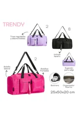 Bolso deportivo tipo duffel bag color fucsia, con asas de mano negras y correa ajustable para hombro. Presenta múltiples bolsillos frontales con cierre, incluyendo uno con un tirador de tela con texto.