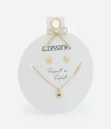 Conjunto de collar corto dorado con dije de ojo turco y strass, y caravanas doradas tipo botón.
