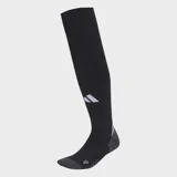 Medias de fútbol largas hasta la rodilla, color negro, con logo de Adidas en blanco en la pantorrilla y detalles en gris claro en el talón y la punta.