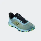 Championes deportivos Skechers Viper Court Pro 2.0, color gris con detalles en verde neón y azul. Presentan una parte superior de malla técnica, entresuela con amortiguación reactiva y suela con patrón de tracción multicolor.