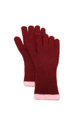 Guantes de punto tejido en color bordó con detalle de puño en color rosado.