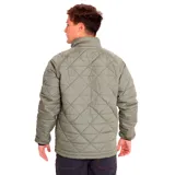 Chaqueta acolchada de hombre, color verde oliva, con cuello alto y cierre frontal. Presenta un patrón de costuras en forma de rombos y un parche de logo Caterpillar en el pecho izquierdo.