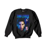 Buzo de cuello redondo y manga larga en color negro, con estampado gráfico frontal de la película Zoolander en tonos azules y eléctricos.