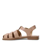 Sandalias franciscanas de cuero negro con tiras cruzadas, suela plana y hebilla metálica dorada lateral.