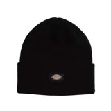 Gorro de lana tejido color negro, estilo beanie con doblez ancho (tall cuff) y parche rectangular con el logo de Dickies en el frente.