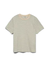 Remera de manga corta con hombros caídos y cuello redondo, de corte regular. Confeccionada en tejido de punto circular con acabado interlock, con rayas horizontales en beige y gris claro.