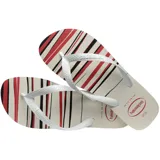 Ojotas Havaianas Top Basic con base a rayas horizontales en blanco, gris y negro, y tiras negras.