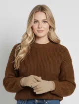 Guantes de tejido soft color rosa pálido, con puño elastizado en tono malva con logo bordado.