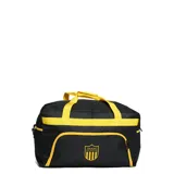 Bolso deportivo color negro con detalles en amarillo, con el escudo del Club Atlético Peñarol estampado en el frente. Cuenta con cierre principal, bolsillo frontal con cierre y correas de mano y hombro.