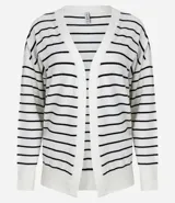 Cardigan overtop de punto con rayas horizontales negras sobre fondo blanco, manga larga y abertura frontal total.
