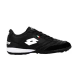 Championes de fútbol Lotto color negro con detalles en blanco. Presentan el logo de la marca en el lateral y una pequeña bandera italiana decorativa. Cuentan con suela apta para césped sintético.