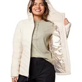 Campera técnica Columbia Joy Peak II con capucha, diseñada con tecnología Omni-Heat Infinity para retención de calor y Omni-Shield para repelencia al agua. Cuenta con aislamiento Thermator de poliéster reciclado, cierre frontal completo, bolsillos laterales con cremallera, puños con orificio para pulgar y cuello forrado en vellón.